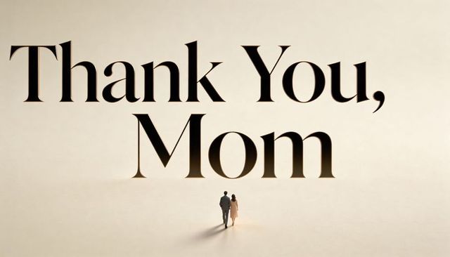 Walking silhouettes approaching giant thank you mom typography on neutral minimalist backdrop
