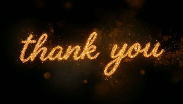 Glowing gold glitter calligraphy spelling thank you, sparkling bokeh on dark elegant backdrop
