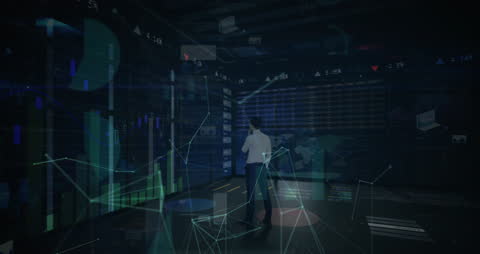 Businessman Analysing Financial Graphs in Virtual Environment