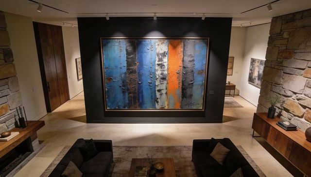 Contemporary living room with large textured abstract painting and spotlight lighting