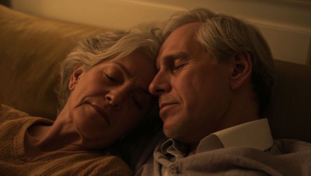 Senior couple resting together on sofa in warm evening light embracing quiet moment