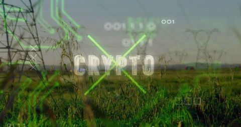 Futuristic eco-tech scene with cryptocurrency and energy symbols