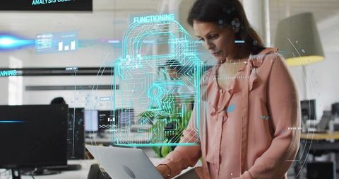 Woman Analyzing Cybersecurity Data with Digital Interface