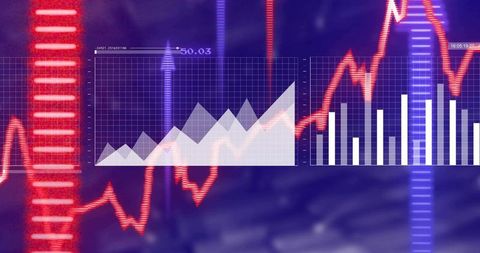 Neon financial data visualization with translucent grids, red waveform, area and bar charts