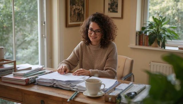 Curly-haired woman organizing papers at sunlit home office wooden desk
