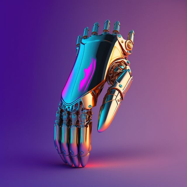 Image of cyber prosthetic of hand on blue background, created using generative ai technology. Cyber, prosthetics and future concept, digitally generated image.