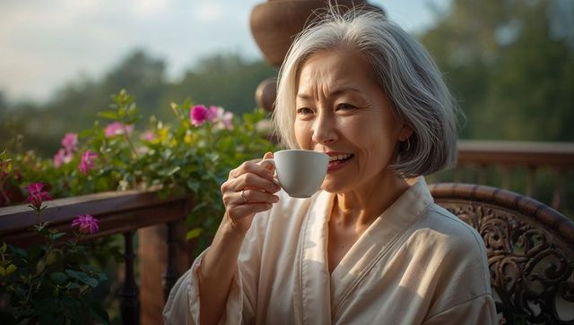Senior asian woman sipping morning tea on flowered veranda, enjoying peaceful sunrise