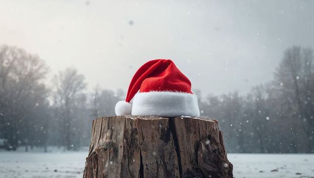 Red Santa hat resting on weathered tree stump in snowy meadow, falling snowflakes