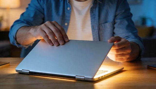 Man closing silver laptop on wooden desk with warm backlight and denim shirt