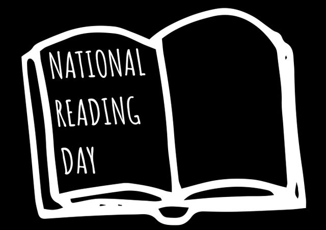 Composition of national reading day text over book icon on black backgorund. National reading day and celebration concept digitally generated image.