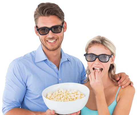 couple wearing 3d glasses holding popcorn bowl with transparent background - Download Free Stock Videos Pikwizard.com