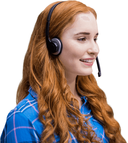 Transparent customer support specialist smiling headset on