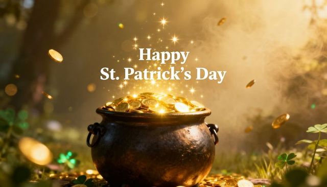 Glittering pot of gold in sunlit meadow celebrating st. Patrick's day magic with sparkling coins