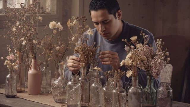 Man arranging dried flowers in clear glass bottles on rustic table for botanical styling