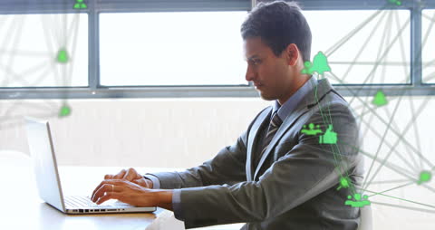 Businessman Analyzing Network Connections on Laptop