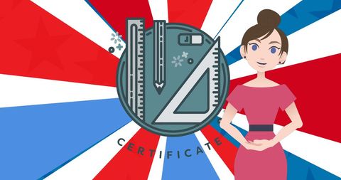 Animated Woman with Certificate and Geometric Icons on Patriotic Background
