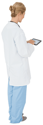 Transparent image of doctor using tablet with blonde hair