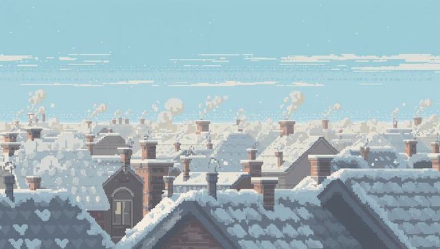 Pixel art snow-covered rooftops with brick chimneys and pastel sky, winter cityscape