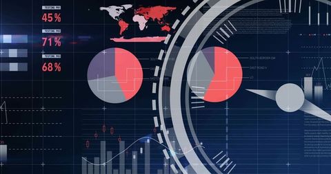 Concentric Futuristic HUD Dashboard Showing Pie Charts, World Map and Percent Analytics