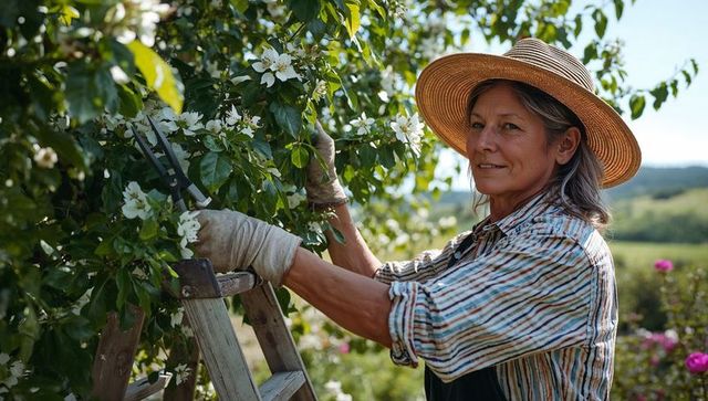 Mature woman pruning blooming fruit tree on ladder wearing straw hat in sunlit orchard