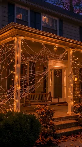 Dusk Porch with Twinkling Spider-Web Lights Creating Cozy Autumn Mood — Vertical Video