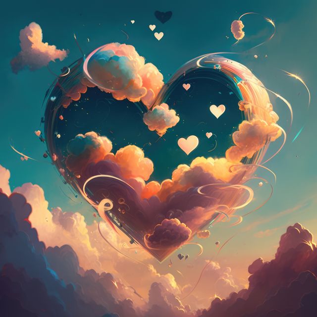 A mesmerizing heart-shaped cloud floats against a vibrant sunset sky with swirling patterns and dreamy colors. Suitable for romantic themes, Valentine's Day cards, and fantasy-inspired art. Ideal for backgrounds, illustrations, and digital designs where love and imagination are the focus.