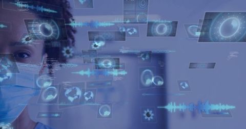 Nurse using holographic panels in high-tech medical environment