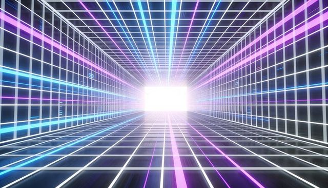 Neon grid tunnel leading to bright portal, futuristic wireframe corridor with reflections