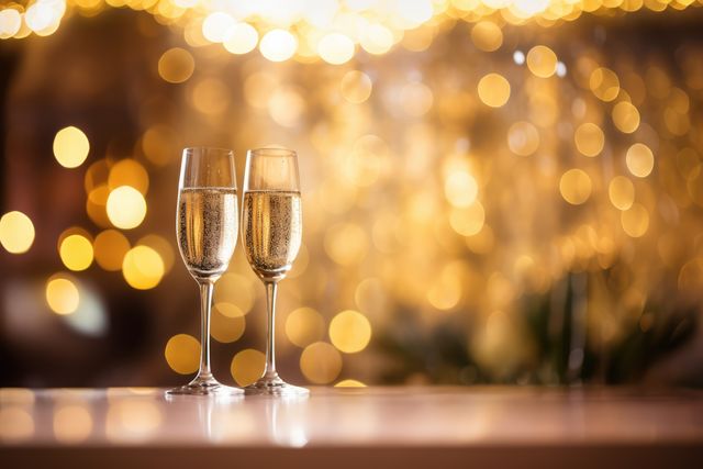 Close-Up of Two Champagne Glasses with Golden Bokeh Lights - Download Free Stock Images Pikwizard.com