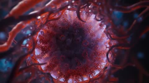 Zooming into translucent vascular globule with filaments and droplets — 3D microscopic animation