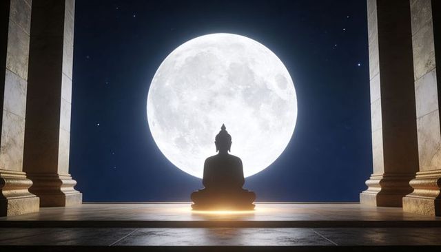 Buddha silhouette meditating beneath full moon, halo glow framed by marble columns