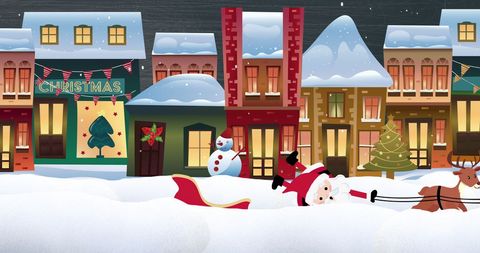 Festive Santa with Sleigh in Snowy Village Scene