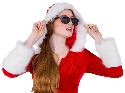 Stylish Santa Woman Wearing Sunglasses with Confidence on Transparent Background