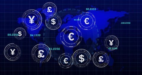 Giant digital world finance currency symbols over global map