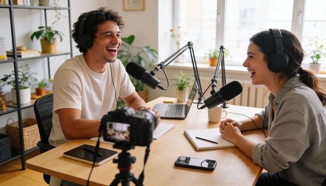 Laughing podcast cohosts recording in cozy home studio with dslr, laptop, boom microphones