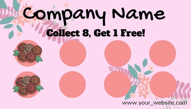 This floral-themed loyalty card template is perfect for small businesses looking to implement a reward program. The design features a collection of pink circles for loyalty stamps, floral accents and a ‘Collect 8, Get 1 Free’ promotion to entice repeat customers. Ideal for cafes, boutiques, spas, or any business wanting to maintain customer loyalty while offering promotional incentives. The customizable template includes space for your company name and website, which can help with branding and customer retention strategies.