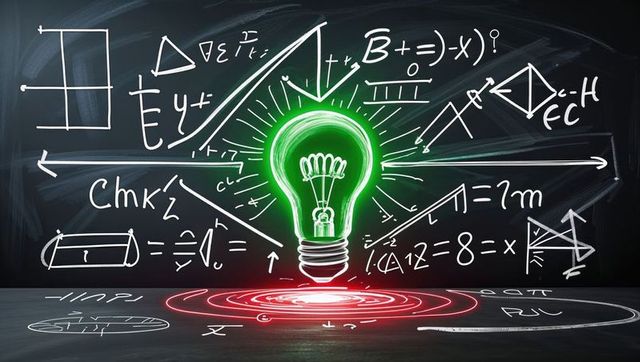 Glowing green light bulb with mathematical equations on chalkboard