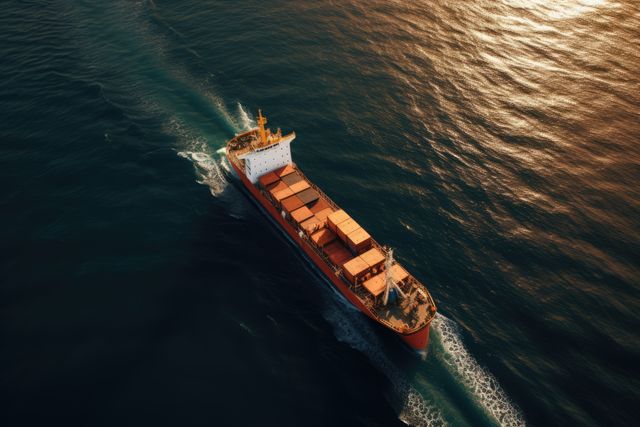 Aerial view of a cargo ship sailing through the open sea during sunset. Ideal for use in publications related to maritime shipping, global logistics, international trade, and transportation services. Useful for websites, magazines, and reports focusing on sea freight, shipping industries, and nautical navigation.