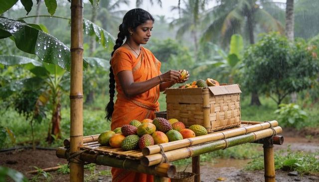 Woman arranging tropical fruit at bamboo stall during monsoon rain wearing orange sari