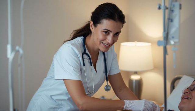 Smiling nurse checking patient and adjusting iv while providing bedside care