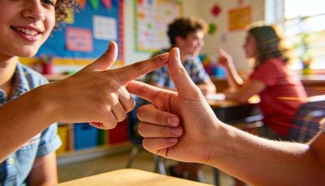Elementary students connecting fingertips in classroom for friendship and teamwork
