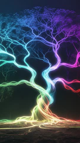 Glowing Neon Tree Shifting Rainbow Hues Vertical Cyberpunk Loop for Motion Backgrounds
