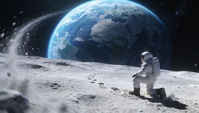 Astronaut kneeling on lunar surface observing Earthrise and tracing boot prints