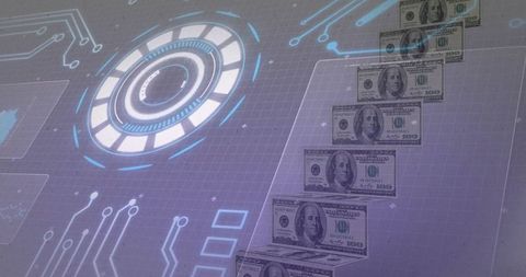 Ascending money staircase on futuristic hud interface representing fintech growth and wealth