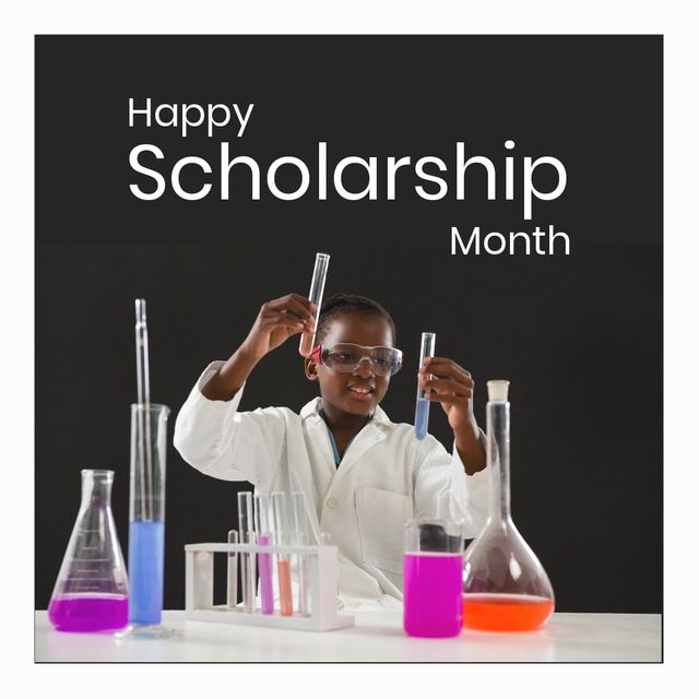 Image depicts a young African American girl conducting a science experiment in a laboratory setting, wearing safety goggles and a lab coat. This photograph is ideal for educational campaigns, promoting STEM subjects, celebrating scholarship month, and encouraging young students, especially girls, in pursuing science and education. It can be used for social media posts, educational websites, and promotional materials.