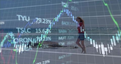Woman walking on beach with financial candlestick charts overlay representing market trends