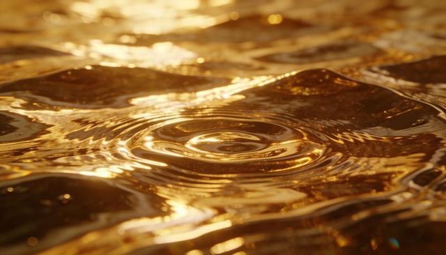 Shimmering golden water ripples with central circular wave and warm bokeh reflections