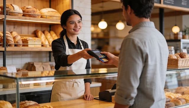 Smiling Cashier Handing Card Reader to Customer at Rustic Bakery Counter with Fresh Bread