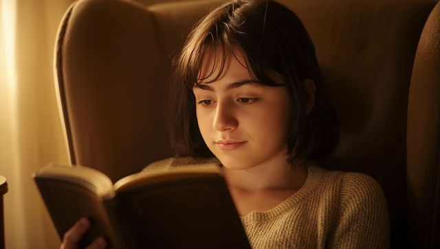 Young woman reading book in cozy armchair, warm lamp glow and calm intimate evening mood