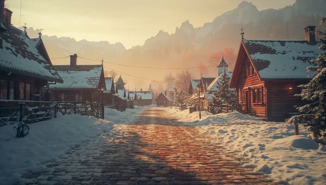 Rustic snowy village street at dusk with golden light